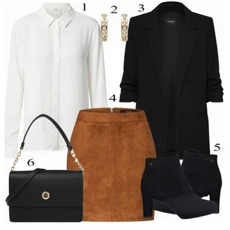 Párty Outfit s Hnědá/Tmavě hnědá Krátká Sukně/Sukně z umělé kůže/Manšestrová sukně/Kožená Sukně Kožená Minisukně/70tá Léta Minisukně/Kožená Sukně VERO MODA "Pracovní look"Look: Bar, Karneval, Koncert, Festival, Matriční úřad, Párty