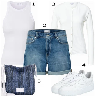 Nadrozměrné Outfit s Modrá/Světle modrá/Tmavě modrá Košile Bermuda/Džínový Šortky/Mušelínové Šortky SELECTED FEMME "Lehký outfit"Look: Styl, 90tá léta, Klasické, Cool, Mom, Nadrozměrné, Skromné, Unisex