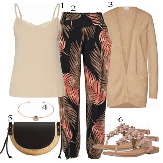Outfity pro zábavu Tropický s Béžová/Zelená/Oranžová Kalhoty s Peřím/Kalhoty s Potiskem Lascana "Lente Outfit"