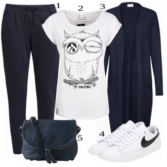 Nadrozměrné Zapínání na knoflíky Outfit s Tmavě modrá Pletenina veľkej veľkosti/Šaty Móda Pro Plnoštíhlou Vila "Ležérní Freizeit Look"Look: Kancelář, Old Money, Příliš oblečený, Nadrozměrné, Univerzitní
