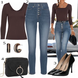 Vintage Outfit s Modrá/Tmavě modrá/Světle modrá Kožené Boty/Zkrácené Džíny/Push up Džín/Kotníková Bota/Navlékací džíny/Capri Džíny/Dámské Džíny s Délkou 7/8/Kožená bunda Lascana "Business Casual"Look: Ležérní, Cool, Krásný, Old Money, Skromné, Vintage