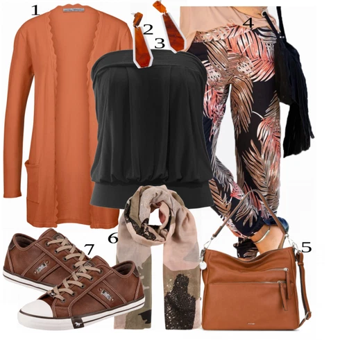 Kombinace Béžová/Zelená/Oranžová Kalhoty s Peřím/Kalhoty s Potiskem Lascana kombinovat s Černá Top Halenka Bez Rukávů/Tričko s grafikou/Tričko s vodopádovým výstřihem/Muskulární Tričko Lascana