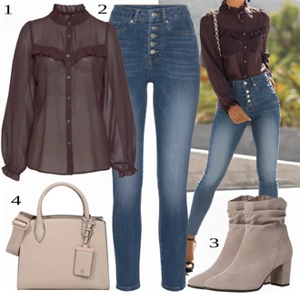 90tá léta, Styl Outfit s Fialová/Hnědá/Růžová Kožená bunda/Halenka se Stojatým Límcem/Průhledná blůza Lascana "Elegantní vzhled"Look: Styl, Klasické, Old Money, Příliš oblečený, Steampunk, S průsvitem, Univerzitní, Western