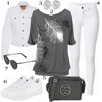 Móda pro plnoštíhlé Outfit s Šedá/Krémová/Bílá/Světle šedá Džínové Bund/Krátký Bund/Letní Bund/Košilová bunda/Krátký Bund/Krátké Džínové Bundičky Only "Cool každodenní outfit"