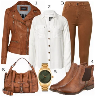 Outfit s Hnědá/Béžová Chelsea Boty/Kožená bunda/Plochá Kotníková Bota/Jezdecká Bota Mustang "Ulice Styl Outfit"