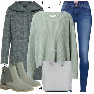 Outfit s Modrá/Bílá Kožená bunda/High Waist Džínové Kalhoty/Džíny s Rozparkem/Kožené Boty/Slim Fit Džíny/Push up Džín/Džín s Nízkým Pasem/Džíny s Nízkým Sedem Only "Pěkný zimní vzhled"