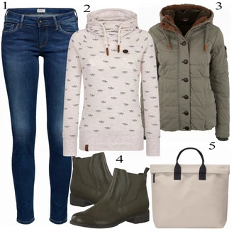 Outfit s Modrá/Tmavě modrá Kožená bunda/Džíny s Nízkým Sedem/Džíny s Rozparkem/Push up Džín/Džín s Nízkým Pasem/Kožené Boty/Kotníková Bota/Slim Fit Džíny Pepe Jeans "Naketano Sweatshirt"