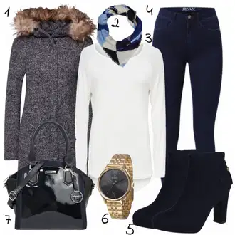 Šik Outfit s Tmavě modrá Džíny Kožená bunda/Zimní bunda/Kotníková Bota/Termální Džíny/Dámské Džíny s Délkou 7/8/High Waist Džínové Kalhoty/Push up Džín/Kožené Boty Only "Pěkný"Look: Styl, Šik, Elegantní, Cool, Disko, Francouzské, Krásný, Old Money, Bezešvé