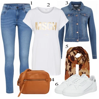 Fotbal Outfit s Bílá/Růžová/Zlatý/Krémová Fancy tričko/Dlouhá košile/Tričko nadměrné velikosti/Košile s potiskem/Tričko s potiskem/Neformální tričko MSCH Copenhagen "Noisy May Džíny"Look: Volný čas, Fotbal, Muzikály