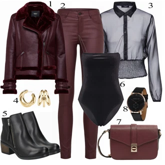 Outfit s Tmavě červená/Vínová/Fialová/Růžová Kožená bunda/Kotníková Bota/Motorkářské Džíny/Capri Džíny/Zkrácené Džíny/Džíny s Rozparkem/Slim Fit Džíny/Kožené Boty/Termální Džíny/Kožená Pánská Bund Vila "Only Bunda"