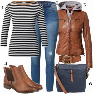 Outfit s Hnědá/Béžová Chelsea Boty/Kožená bunda/Plochá Kotníková Bota/Jezdecká Bota Mustang "Outfit pro jaro"