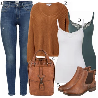 Outfit s Hnědá/Béžová Chelsea Boty/Kožená bunda/Plochá Kotníková Bota/Jezdecká Bota Mustang "Podzimní Look"
