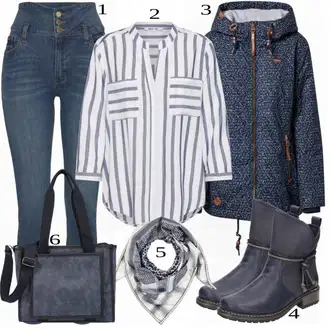 Šik Outfit s Modrá/Světle modrá/Tmavě modrá Džíny Kožená bunda/Push up Džín/Capri Džíny/Navlékací Džíny/Kožené Boty/Zkrácené Džíny/Slim Fit Džíny/Dámské Džíny s Délkou 7/8/Termální Džíny/Kotníková Bota Lascana "Ulice Styl Outfit"Look: Styl, Ležérní, Šik, Cool, Disko, Moderní, Krásný, Old Money