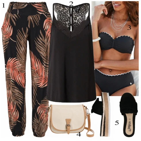 Kombinace Béžová/Zelená/Oranžová Kalhoty s Peřím/Kalhoty s Potiskem Lascana kombinovat s Černá Krajkový Top/Krajkované tričko/Pánské boty/Halenka Bez Rukávů/Top Na Party/Top Se Špagetovými Ramínky VERO MODA