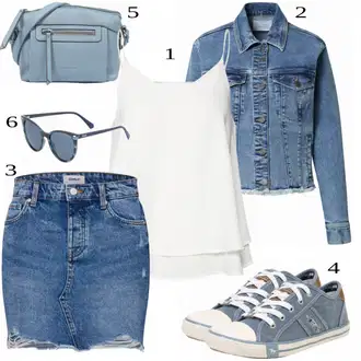 Džínovina Outfit s Tmavě modrá/Modrá Krátká Sukně/Džínová Sukně/Džínová vintage sukně/90tá Léta Sukně Only "Stylové kombinace pro volný čas"