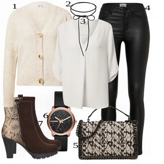 Outfit s Krémová/Černá Obal Na Telefon/Kožený náramek/Obojek/Jemný Řetízek/Klapka na ucho & čelenka/Pásek bez Přezky/Collier/Kožený Pásek/Řemínek pro hodinky ELLI "Konferenční Outfit"