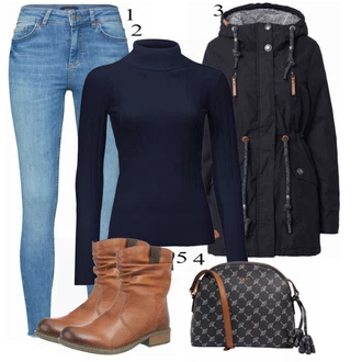 Outfit s Modrá Kožená bunda/Svetrová Vest Dlouhý svetr/Midi Kabát Pieces "Podzimní Outfit"