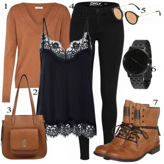 Outfit s Hnědá Šněrovací Bota/Zimní bota/Nízká bota na podpatku/Kozačka Šněrovací Kotníková Bota Mustang "PIECES Svetr"