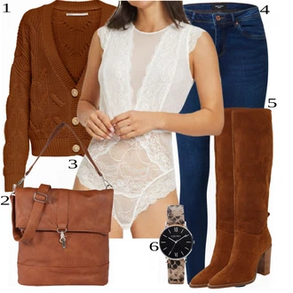 Outfit s Krémová/Růžová/Bílá/Béžová Krajkový Body Lascana "Vkusný podzimní outfit"