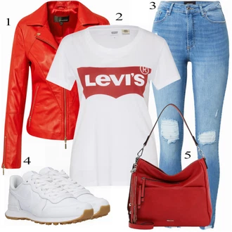 Outfit s Světle Modrá/Modrá Kožená bunda/High Waist Džínové Kalhoty/Džíny s Dírou/Push up Džín/Džíny s Rozparkem/Kožené bundy VERO MODA "Ulice Styl Outfit"