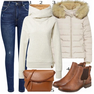 Outfit s Hnědá/Béžová Chelsea Boty/Kožená bunda/Plochá Kotníková Bota/Jezdecká Bota Mustang "Cool každodenní outfit"