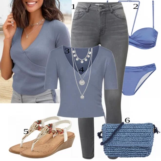 Outfit s Modrá/Tmavě modrá/Světle modrá Bikiny s volánky/Bikina - Horní Díl Bandeau vršek bikin/Zavinovací bikini/Brazilské bikini/Bandeau Bikin/Push-up bikini/Džínový Bikini Lascana "Módní letní vzhled"