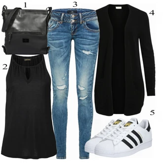 Outfit s Modrá/Tmavě modrá/Světle modrá Džíny s Dírou/Patchworkové Džíny/Kožená Pánská Bund LTB "Praktický vzhled"