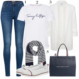 Outfit s Modrá/Červená/Zelená/Růžová Balónová košile/Top Na Party/Košilový top/Halenek top/Tričko s potiskem/Ležérní top/Krátký top Tommy Hilfiger "Přesně pro volný čas"