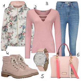 Outfit s Světle Modrá/Modrá Kožená bunda/Push up Džín/Slim Fit Džíny/Džíny s Rozparkem/Navlékací džíny/Zimní bunda/High Waist Džínové Kalhoty/Kožené Boty VERO MODA "Růžová Nálada"