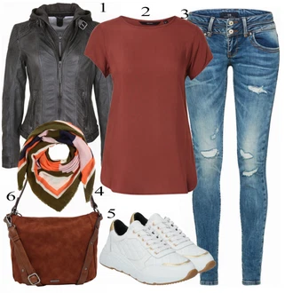 Outfit s Modrá/Tmavě modrá/Světle modrá Džíny s Dírou/Patchworkové Džíny/Kožená Pánská Bund LTB "Praktický Vzhled"