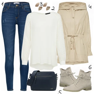 Outfit s Krémová/Bílá Halenkový Top/Halenka s Dlouhým Rukávem/Slip-on Halenka/Halenka se Stojatým Límcem/Kožená bunda pro muže/Crash blůza/Dětská hračka/Sportovní Halenka/Mušelínová Halenka/Blůza s nášivkou na lokti Object "Roxy"