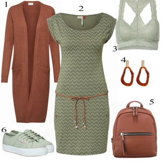 Výstřih kolem krku Outfit s Zelená/Šedá Šaty Móda Pro Plnoštíhlou/Šaty s výstřihem/Žerzejové Šaty Ragwear "SUPERGA Tenisky"