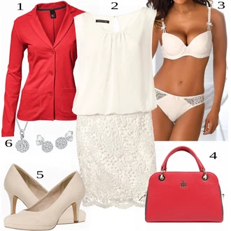 Elegantní Outfit s Krémová/Růžová/Bílá Šaty peplum/2-v-1 šaty/Občanské šaty/Halenkové Šaty/Šaty na Konfirmaci Heine "Formální Večerní Outfit"Look: Lehký, 20 léta, Elegantní, Old Money, S průsvitem
