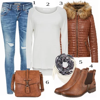 Outfit s Hnědá/Béžová Chelsea Boty/Kožená bunda/Plochá Kotníková Bota/Jezdecká Bota Mustang "Pěkný podzimní Outfit"