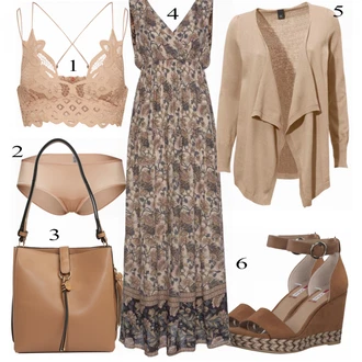 Outfit s Hnědá/Béžová/Fialová Barokní Šaty/Bavlněné Šaty/Šaty S Potiskem/Francouzské šaty Lascana "Hezký outfit pro volný čas"