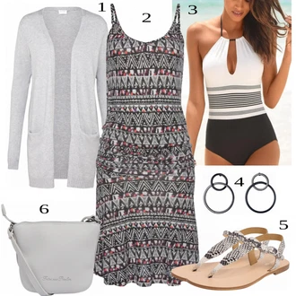Párty Outfit s Černá/Vínová Šaty S Potiskem/Národní šaty/Žerzejové Šaty/Šaty s Přehozem Lascana "Pěkný letní vzhled"Look: Bar, Koncert, Párty, Předsvatební, Chatky, Rave, Festival