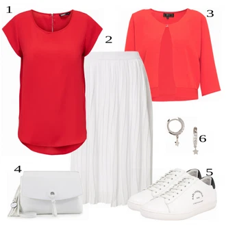 Elegantní Outfit s Červená Tričko & Top Móda Pro Plnoštíhlé/Halenka Móda Pro Plnoštíhlou/Halenka a Tunika Tunika Only "Cool outfity na volný čas"Look: Styl, Lehký, 20 léta, Blokování barev, Elegantní, Italský, Kancelář, Old Money, Univerzitní