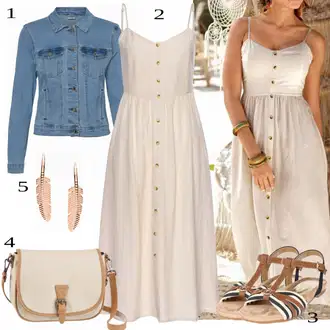 Folklor Outfit s Khaki/Bílá/Béžová/Hnědá Mušelínové šaty/Bavlněné Šaty/Letní Šaty/Midi Šaty/Manšestrové Šaty/Šaty S Kosticí Lascana "Hezký letní vzhled"