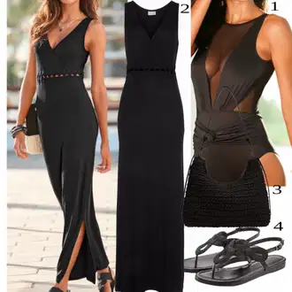 Outfit s Černá Pouzdrová Šat/Dlouhé pletené šaty/Dlouhé Saténové šaty/Šaty Bez Ramínka/Maxi Šaty/Dlouhé Šaty/Šaty S Rovným Střihem/Šaty s Rozparkem Lascana "Outfit na léto"