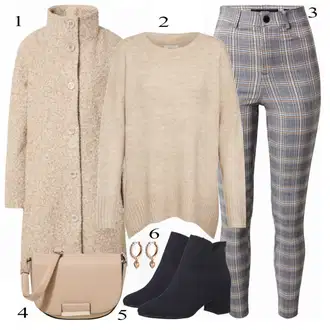 Outfit s Béžová/Khaki Pletený Fleecový Kabát/Kabát Bouclé/Tweedový Kabát/Teddy Kabát/Vlněný Fleecový Kabát Only "Pěkný Ležérní Outfit"