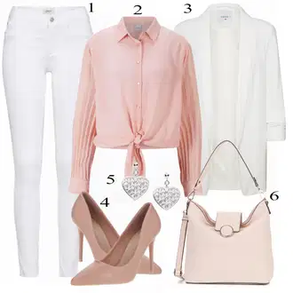 Moderní Outfit s Bílá/Hnědá/Černá Džín s Širokou Nohavicí/Dámské Džíny s Délkou 7/8/Zvonové Džíny/Zkrácené Džíny/Formální Košile/Džíny Culottes/Plisované Džíny Only "Pěkný jarní Outfit"Look: Styl, Cool, Francouzské, Italský, Námořní, Moderní, Mom, Krásný, Španělské, Western, Old Money, 70tá léta