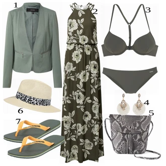 Outfit s Khaki/Tmavě zelená/Šedá Bikin/Balconette/S Kosticemi/Bikinové plavky s vycpávkami/Tankin Push-up/Push-up vršek bikin/Balconette-bikini/Bikiny s průstřihem/Bikinový vršek s kosticí/Push-up bikini Bruno Banani "Krásný letní Outfit"