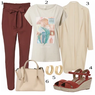 Elegantní Outfit s Červená/Tmavě červená/Hnědá/Vínová Paperbag Kalhoty/Mrkvová Kalhoty/Mušelínové kalhoty/Kalhoty s Vysokým Pasem VERO MODA "Letní styl pro každodenní nošení"Look: Rad, Emo, Cool, Elegantní, Kancelář, Old Money, Venkovní, Univerzitní