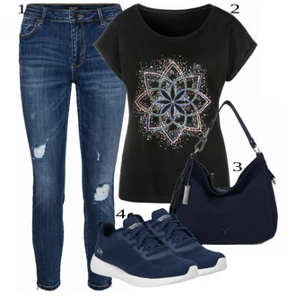 Outfit s Modrá Kožená bunda/Kotníková Bota/Džíny s Rozparkem/Kožené bundy/Navlékací džíny/Dámské Džíny s Délkou 7/8/Džíny s Dírou/Zkrácené Džíny VERO MODA "Ulice Styl Outfit"