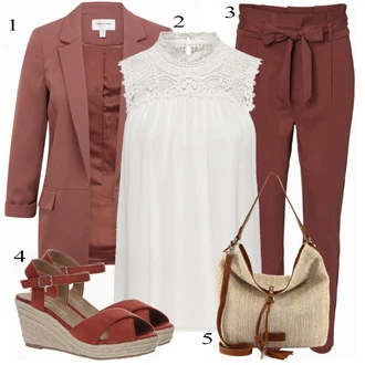 Elegantní Outfit s Červená/Tmavě červená/Hnědá/Vínová Paperbag Kalhoty/Mrkvová Kalhoty/Mušelínové kalhoty/Kalhoty s Vysokým Pasem VERO MODA "Perfektní do kanceláře"Look: Rad, Emo, Cool, Elegantní, Kancelář, Old Money, Venkovní, Univerzitní