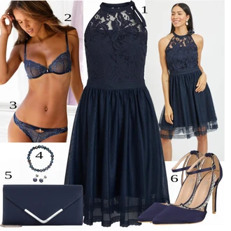 Outfit s Modrá/Oranžová/Tmavě modrá Pánské boty ve velikosti 11/Podprsenka s výstřihem push-up/Podprsenka Bez Kostic/Prsatější střih podprsenky/Podprsenka Balconette/Podprsenka s kosticemi/Push-Up Podprsenka/Zmenšující Podprsenek MARIE CLAIRE "Večerní outfit"