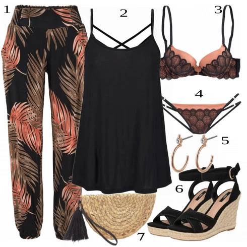 Kombinace Béžová/Zelená/Oranžová Kalhoty s Peřím/Kalhoty s Potiskem Lascana kombinovat s Černá/Hnědá Top Halenka Bez Rukávů/Dlouhý Top/Top Se Špagetovými Ramínky Lascana