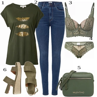 Outfit s Tmavě zelená/Béžová/Khaki Letní Bota/Espadrille sandál/Espadrilka na Podpatku/Espadrilka s klínovým podpatkem About You "Letní outfit na volný čas"