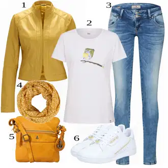 Outfit s Žlutá Kožené Bund Heine "Jarní stylový vzhled"