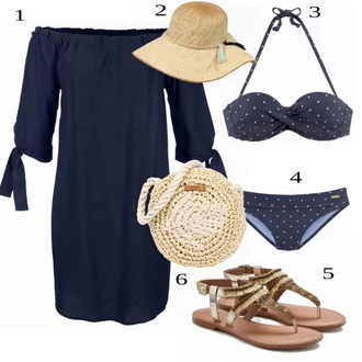 Outfit s Tmavě modrá Plavky Tankiny vrchní díl/Dlouhé Plavky/Plavecký šortky/Bikiny kalhotky/Bikini Crop Top Lascana, Modrá/Tmavě modrá Plavky Balconette/Bandeau vršek bikin/Bandeau Bikin/Push-up vršek bikin/Plavky bandeau/Balconette-bikini Lascana "Plážový outfit"